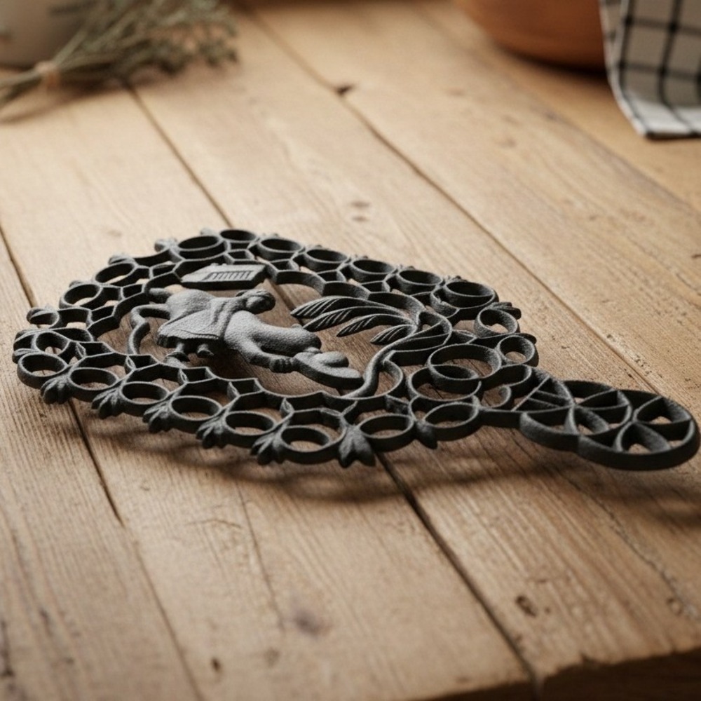 Virginia Metalcrafters Cast Iron Trivet, Vintage Girl Playing Ball W/ Dog Design